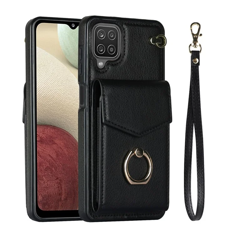 For Samsung Galaxy A12 Cell Phone Case PU Leather+TPU Ring Kickstand Cover with Card Holder - Black