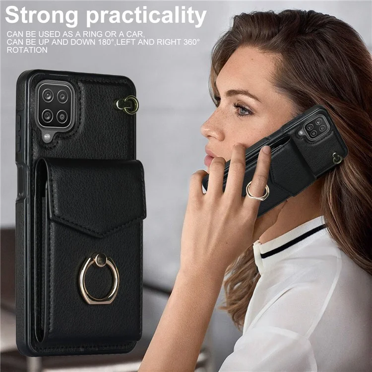 For Samsung Galaxy A12 Cell Phone Case PU Leather+TPU Ring Kickstand Cover with Card Holder - Black