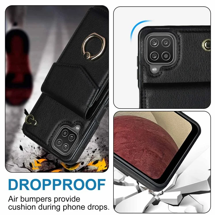 For Samsung Galaxy A12 Cell Phone Case PU Leather+TPU Ring Kickstand Cover with Card Holder - Black