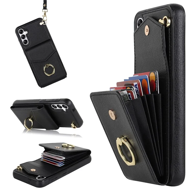 Pour la couverture Samsung Galaxy A54 5G Sac à carte à accordéon Sac rotatif Bague de maintien Support de téléphone portable PU+TPU - Noir