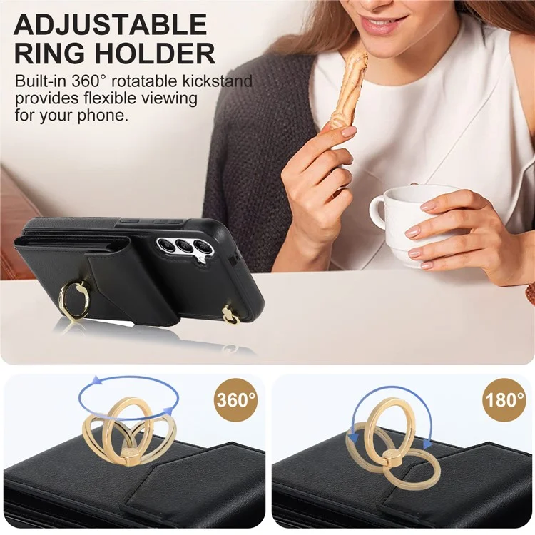 Pour la couverture Samsung Galaxy A54 5G Sac à carte à accordéon Sac rotatif Bague de maintien Support de téléphone portable PU+TPU - Noir