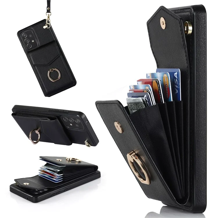 Für Samsung Galaxy A52 4G / A52s 5G / A52 5G Handyhülle Leder+TPU Ring Ständer Cover mit Kartenfach - Schwarz