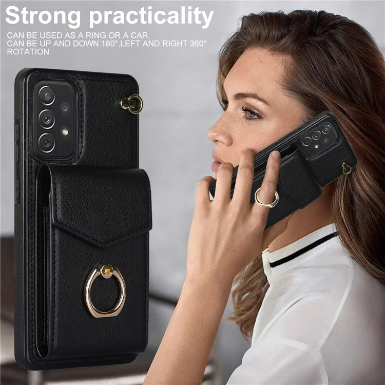 Für Samsung Galaxy A52 4G / A52s 5G / A52 5G Handyhülle Leder+TPU Ring Ständer Cover mit Kartenfach - Schwarz