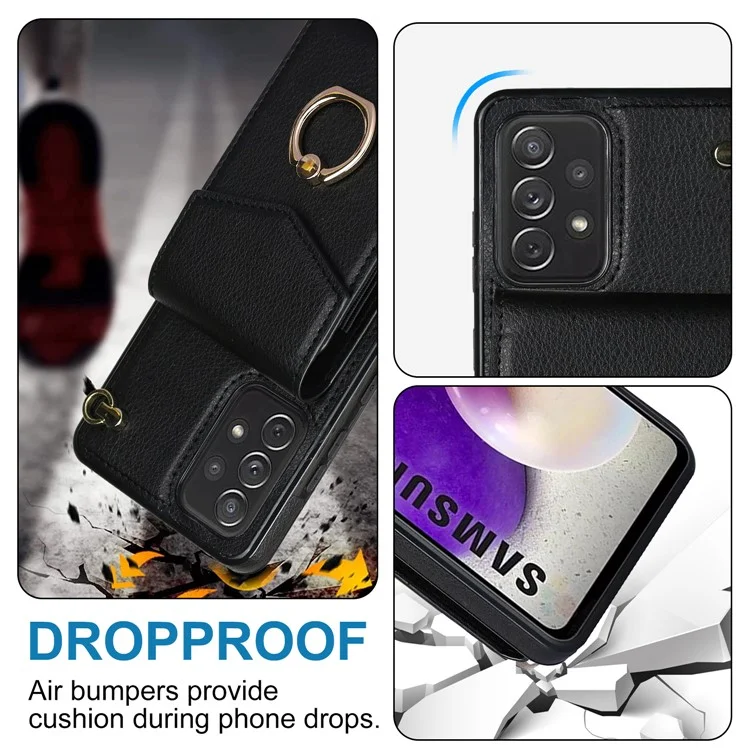 Für Samsung Galaxy A52 4G / A52s 5G / A52 5G Handyhülle Leder+TPU Ring Ständer Cover mit Kartenfach - Schwarz