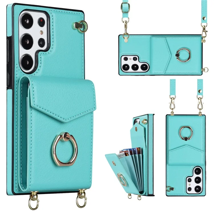 Per Samsung Galaxy S23 Ultra Case PU Leather+TPU Kickstand Phone Cover with Shoulder and Wrist Straps - Mint Green