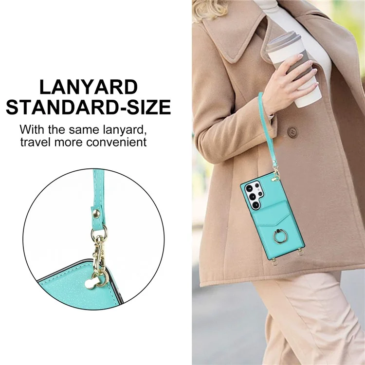 Per Samsung Galaxy S23 Ultra Case PU Leather+TPU Kickstand Phone Cover with Shoulder and Wrist Straps - Mint Green