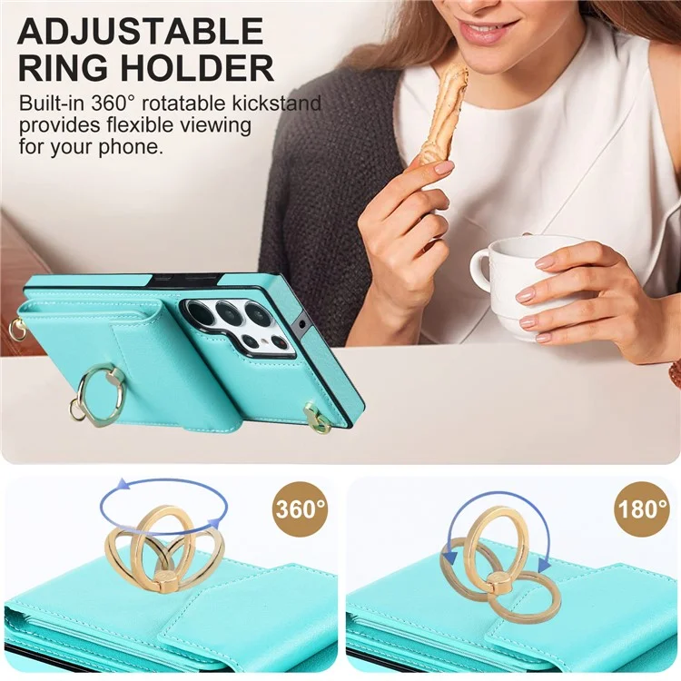 Per Samsung Galaxy S23 Ultra Case PU Leather+TPU Kickstand Phone Cover with Shoulder and Wrist Straps - Mint Green