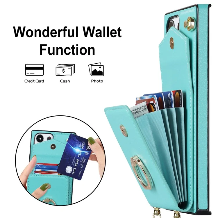 Per Samsung Galaxy S23 Ultra Case PU Leather+TPU Kickstand Phone Cover with Shoulder and Wrist Straps - Mint Green