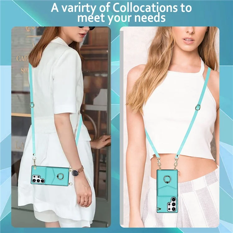 Per Samsung Galaxy S23 Ultra Case PU Leather+TPU Kickstand Phone Cover with Shoulder and Wrist Straps - Mint Green