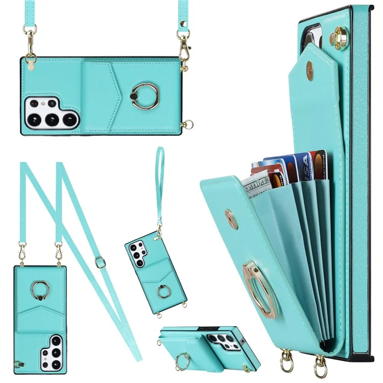 Per Samsung Galaxy S23 Ultra Case PU Leather+TPU Kickstand Phone Cover with Shoulder and Wrist Straps - Mint Green