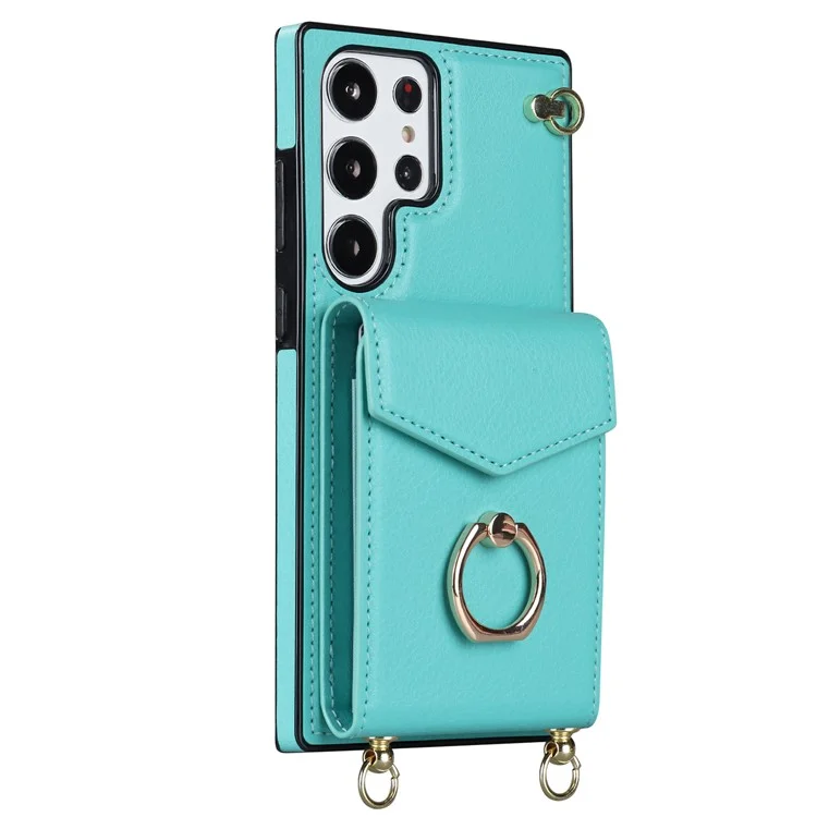 Per Samsung Galaxy S23 Ultra Case PU Leather+TPU Kickstand Phone Cover with Shoulder and Wrist Straps - Mint Green