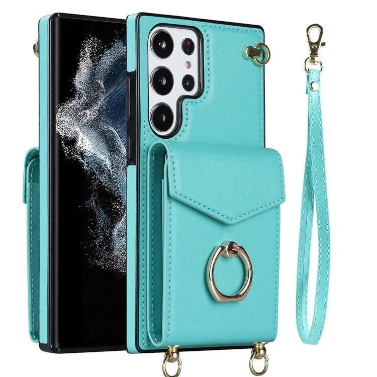 Per Samsung Galaxy S23 Ultra Case PU Leather+TPU Kickstand Phone Cover with Shoulder and Wrist Straps - Mint Green