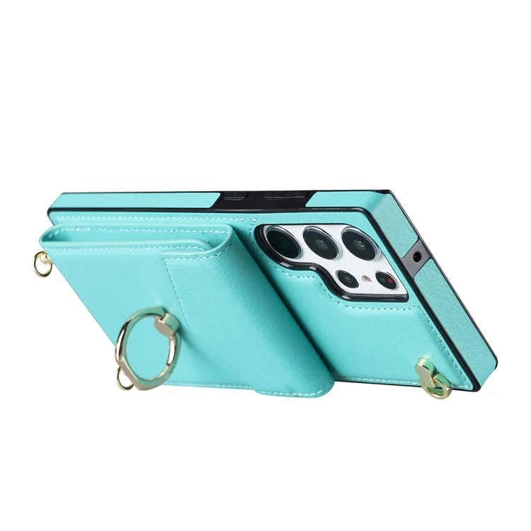 Per Samsung Galaxy S23 Ultra Case PU Leather+TPU Kickstand Phone Cover with Shoulder and Wrist Straps - Mint Green
