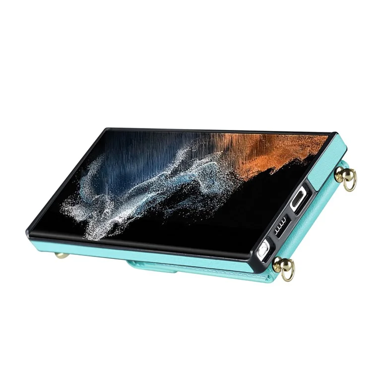 Per Samsung Galaxy S23 Ultra Case PU Leather+TPU Kickstand Phone Cover with Shoulder and Wrist Straps - Mint Green