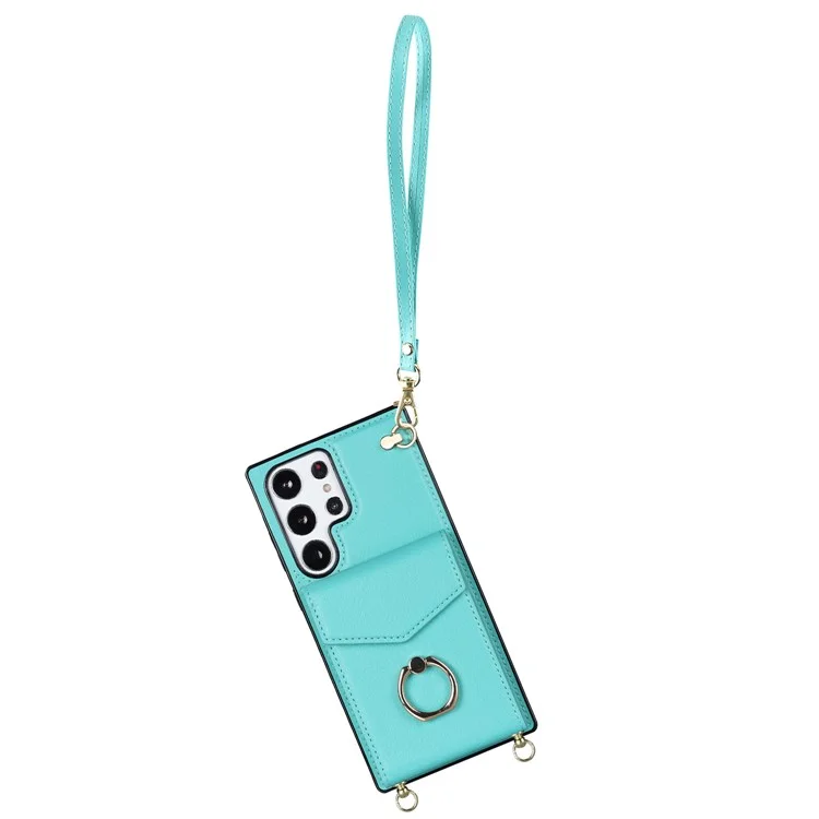 Per Samsung Galaxy S23 Ultra Case PU Leather+TPU Kickstand Phone Cover with Shoulder and Wrist Straps - Mint Green