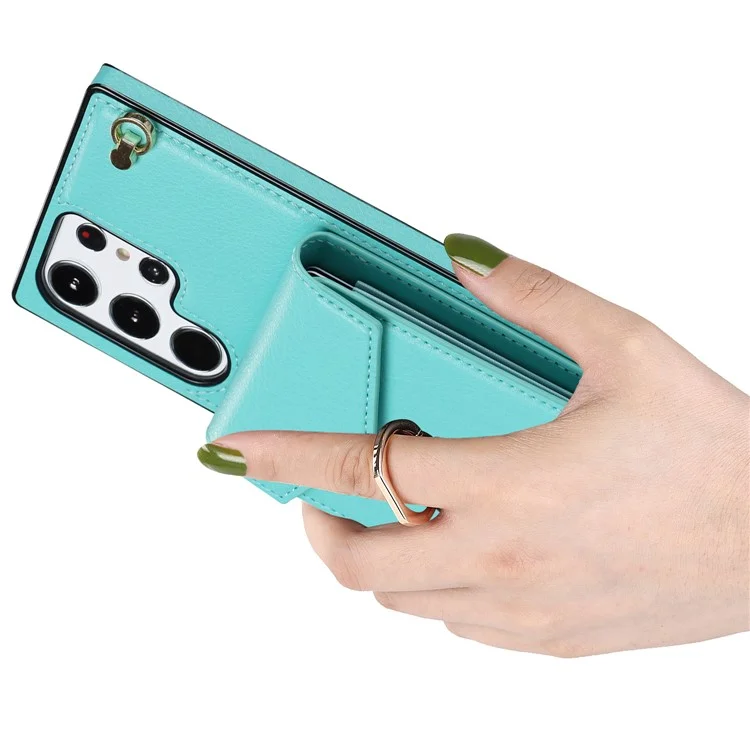 Per Samsung Galaxy S23 Ultra Case PU Leather+TPU Kickstand Phone Cover with Shoulder and Wrist Straps - Mint Green