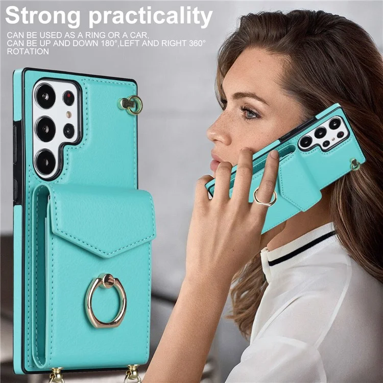 Per Samsung Galaxy S23 Ultra Case PU Leather+TPU Kickstand Phone Cover with Shoulder and Wrist Straps - Mint Green