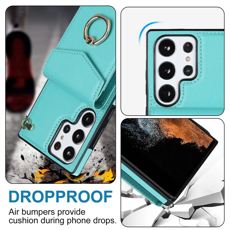 Per Samsung Galaxy S23 Ultra Case PU Leather+TPU Kickstand Phone Cover with Shoulder and Wrist Straps - Mint Green