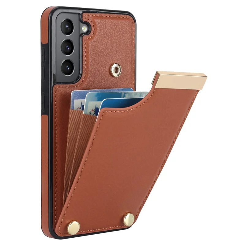 For Samsung Galaxy S21 FE 5G Cell Phone Case Drop-proof Card Holder Cover with Hardware Decor - Brown