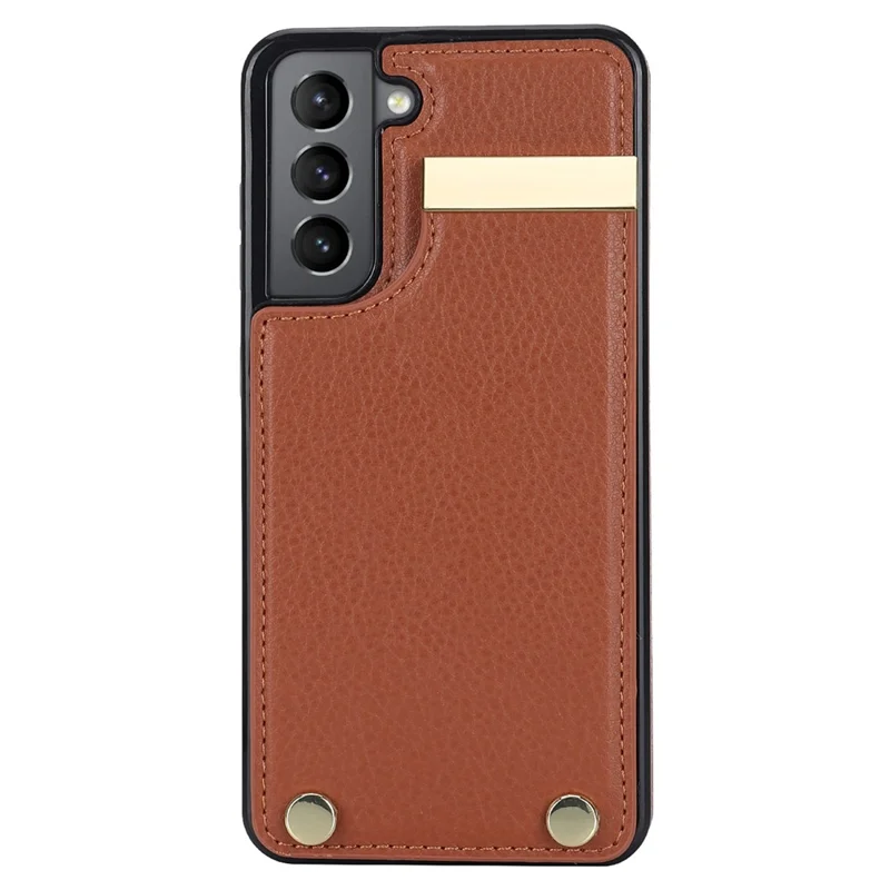 For Samsung Galaxy S21 FE 5G Cell Phone Case Drop-proof Card Holder Cover with Hardware Decor - Brown