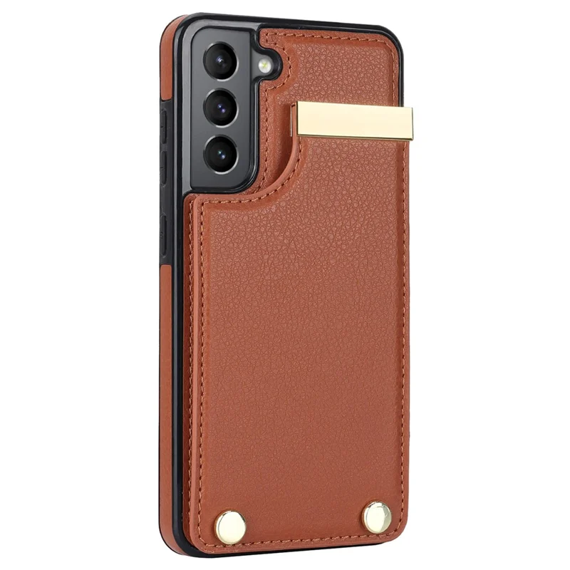 For Samsung Galaxy S21 FE 5G Cell Phone Case Drop-proof Card Holder Cover with Hardware Decor - Brown