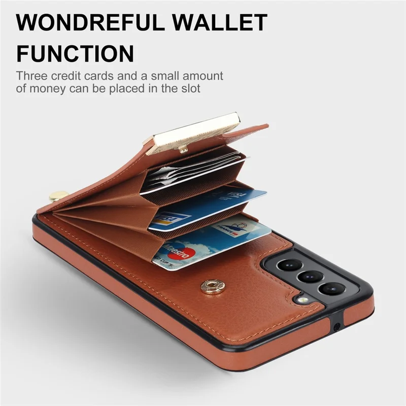 For Samsung Galaxy S21 FE 5G Cell Phone Case Drop-proof Card Holder Cover with Hardware Decor - Brown