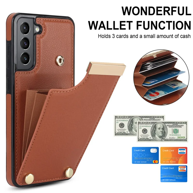 For Samsung Galaxy S21 FE 5G Cell Phone Case Drop-proof Card Holder Cover with Hardware Decor - Brown