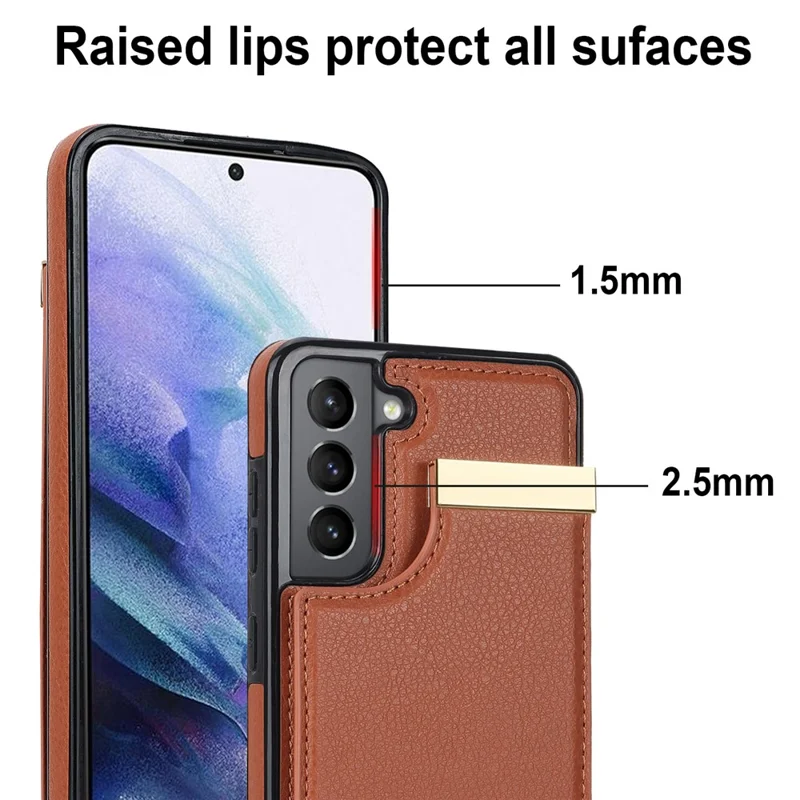 For Samsung Galaxy S21 FE 5G Cell Phone Case Drop-proof Card Holder Cover with Hardware Decor - Brown