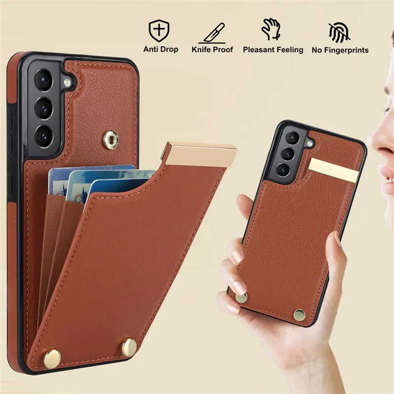 For Samsung Galaxy S21 FE 5G Cell Phone Case Drop-proof Card Holder Cover with Hardware Decor - Brown