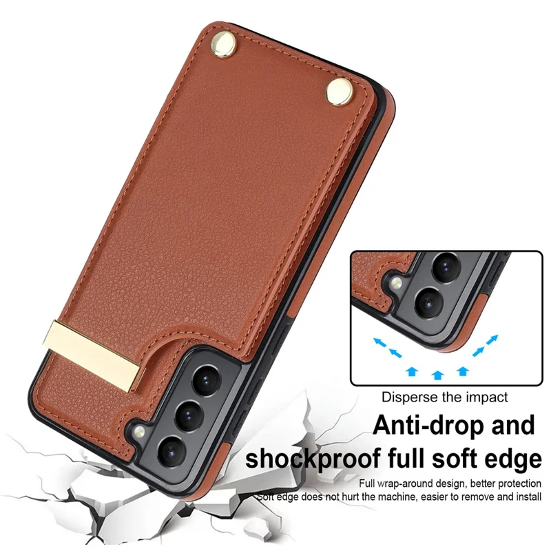 For Samsung Galaxy S21 FE 5G Cell Phone Case Drop-proof Card Holder Cover with Hardware Decor - Brown