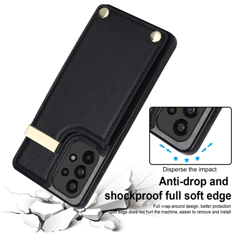For Samsung Galaxy A73 5G Cover Hardware Decor Card Bag Shockproof TPU+Leather Cell Phone Case - Black