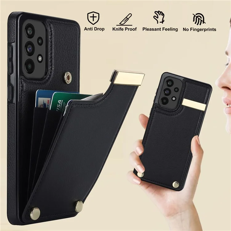 For Samsung Galaxy A73 5G Cover Hardware Decor Card Bag Shockproof TPU+Leather Cell Phone Case - Black