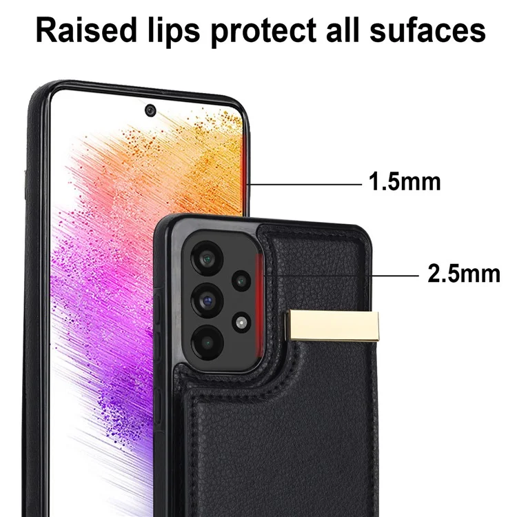 For Samsung Galaxy A73 5G Cover Hardware Decor Card Bag Shockproof TPU+Leather Cell Phone Case - Black