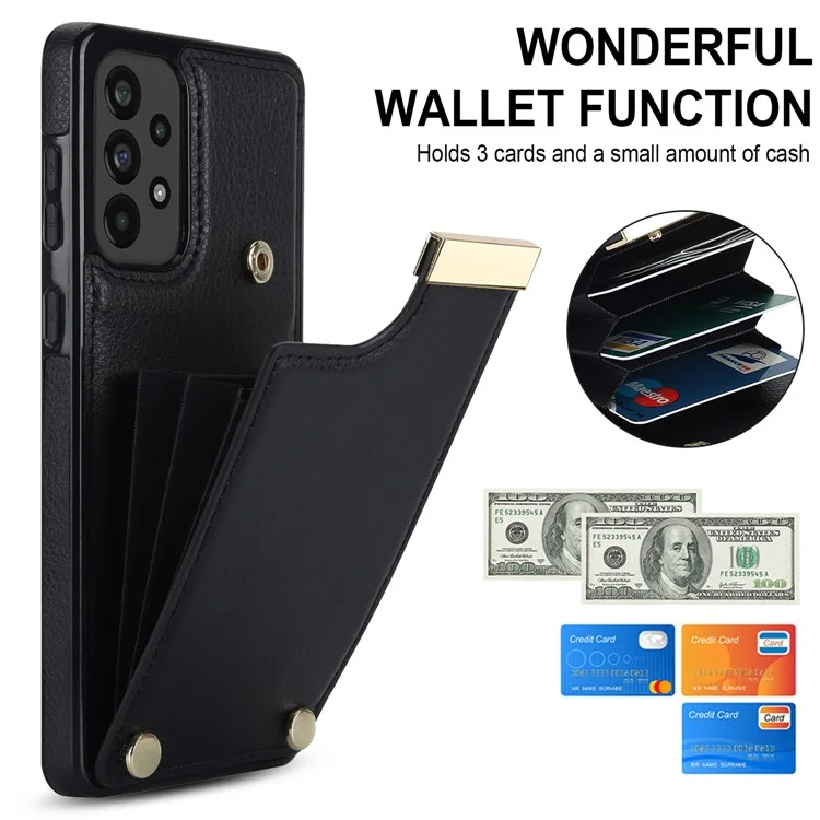 For Samsung Galaxy A73 5G Cover Hardware Decor Card Bag Shockproof TPU+Leather Cell Phone Case - Black