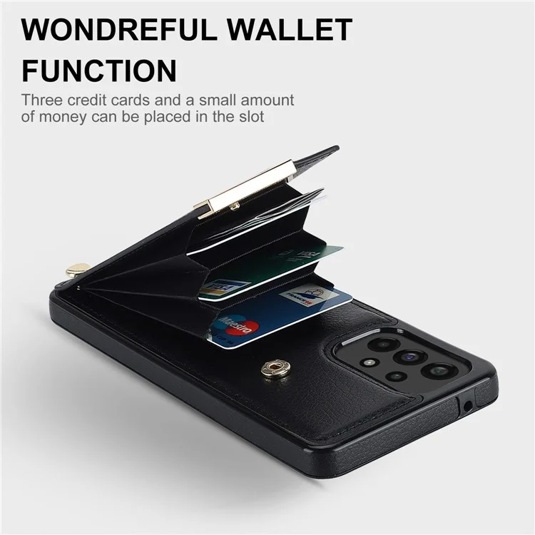 For Samsung Galaxy A73 5G Cover Hardware Decor Card Bag Shockproof TPU+Leather Cell Phone Case - Black