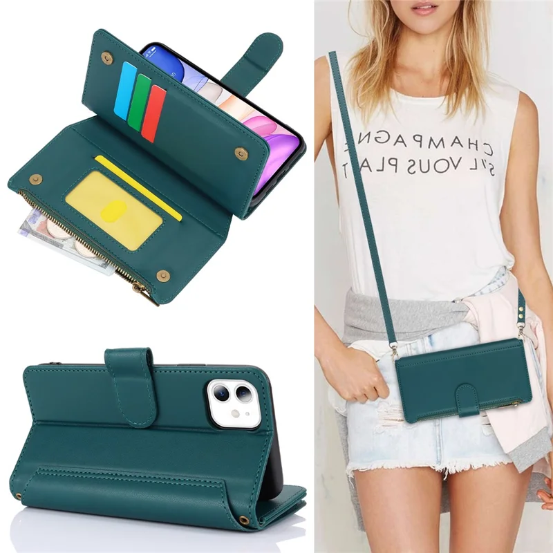 Cell Phone Case for iPhone 11 Card Slots PU Leather Cover with Zipper Pocket - Blue
