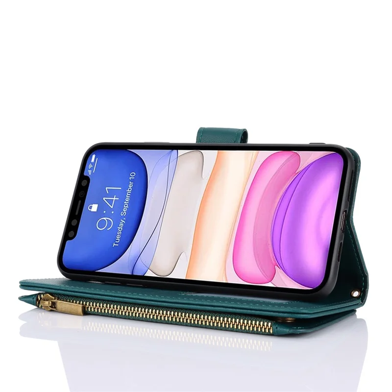 Cell Phone Case for iPhone 11 Card Slots PU Leather Cover with Zipper Pocket - Blue