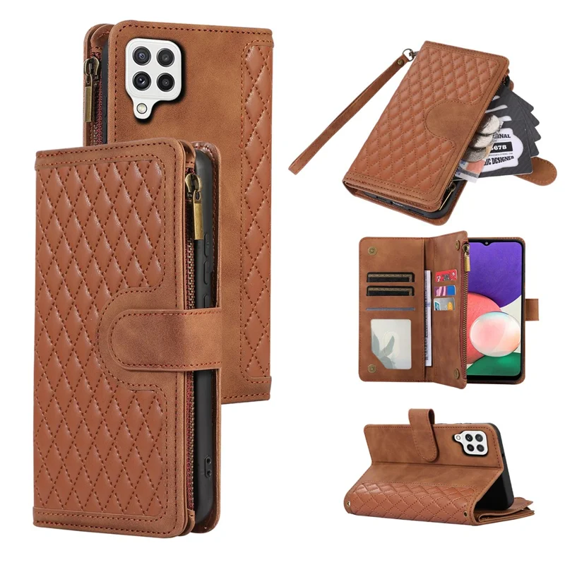 For Samsung Galaxy A12 Cell Phone Case 9 Card Slots Zipper Pocket Anti-scratch Leather Cover - Brown
