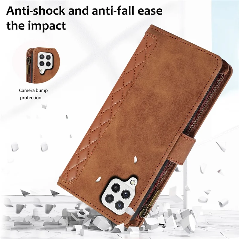 For Samsung Galaxy A12 Cell Phone Case 9 Card Slots Zipper Pocket Anti-scratch Leather Cover - Brown