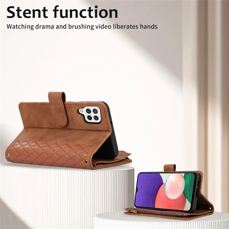 For Samsung Galaxy A12 Cell Phone Case 9 Card Slots Zipper Pocket Anti-scratch Leather Cover - Brown