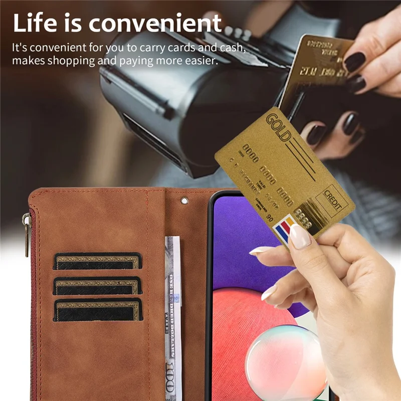 For Samsung Galaxy A12 Cell Phone Case 9 Card Slots Zipper Pocket Anti-scratch Leather Cover - Brown