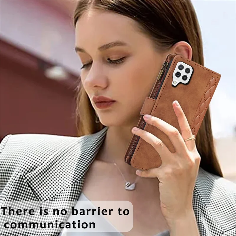 For Samsung Galaxy A12 Cell Phone Case 9 Card Slots Zipper Pocket Anti-scratch Leather Cover - Brown
