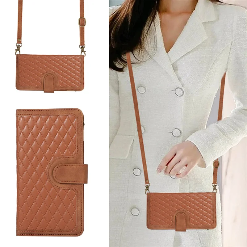 For Samsung Galaxy A12 Cell Phone Case 9 Card Slots Zipper Pocket Anti-scratch Leather Cover - Brown