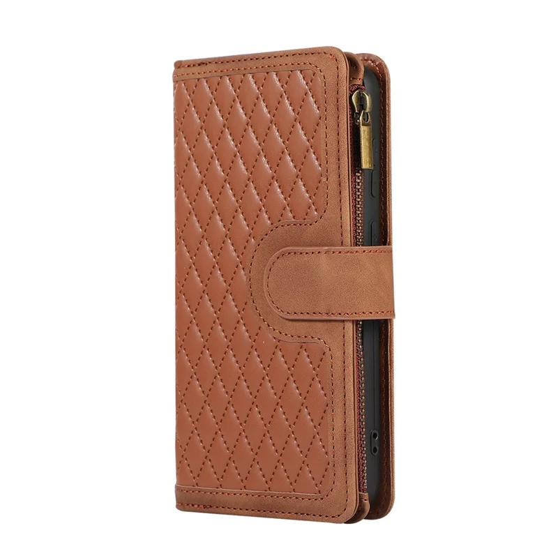 For Samsung Galaxy A12 Cell Phone Case 9 Card Slots Zipper Pocket Anti-scratch Leather Cover - Brown