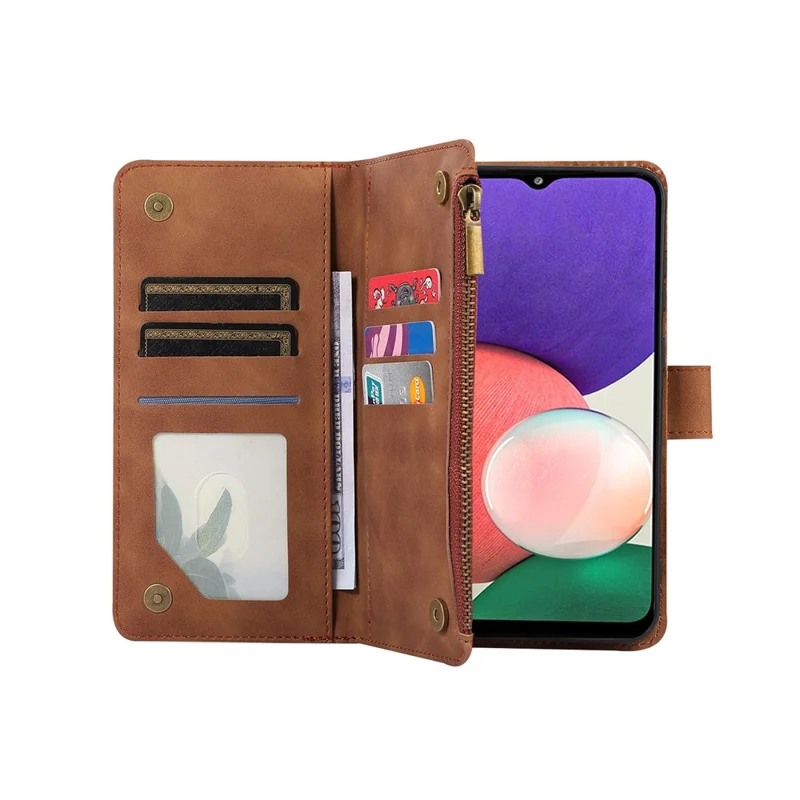 For Samsung Galaxy A12 Cell Phone Case 9 Card Slots Zipper Pocket Anti-scratch Leather Cover - Brown