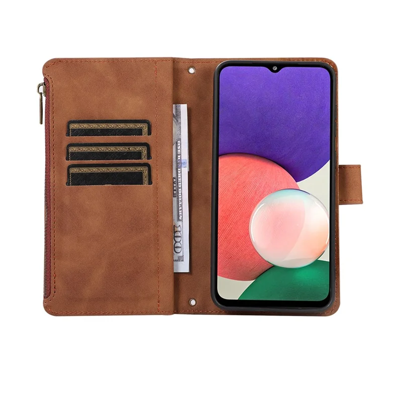 For Samsung Galaxy A12 Cell Phone Case 9 Card Slots Zipper Pocket Anti-scratch Leather Cover - Brown