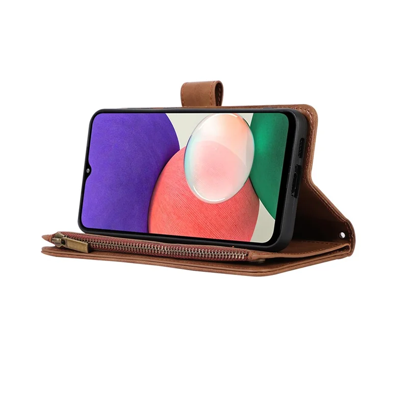 For Samsung Galaxy A12 Cell Phone Case 9 Card Slots Zipper Pocket Anti-scratch Leather Cover - Brown