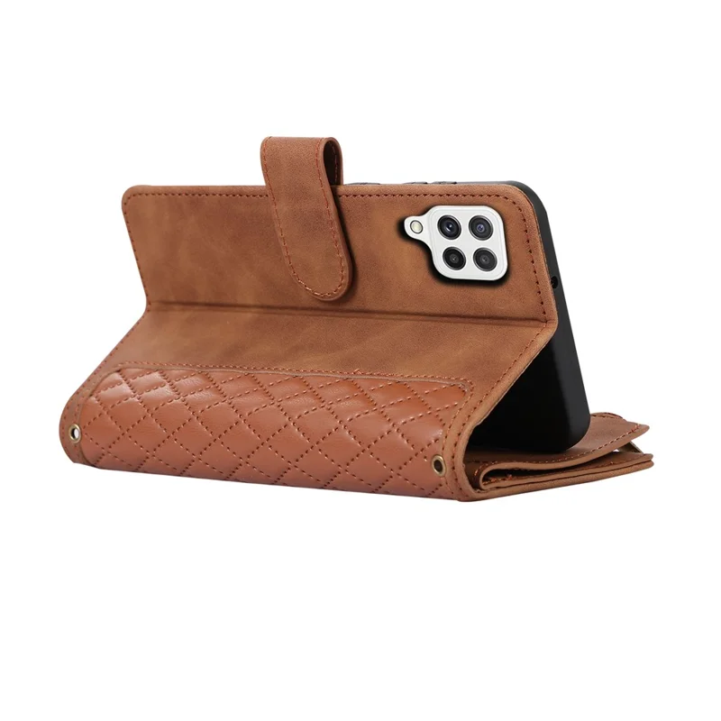 For Samsung Galaxy A12 Cell Phone Case 9 Card Slots Zipper Pocket Anti-scratch Leather Cover - Brown
