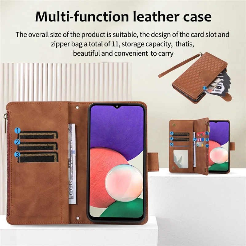 For Samsung Galaxy A12 Cell Phone Case 9 Card Slots Zipper Pocket Anti-scratch Leather Cover - Brown