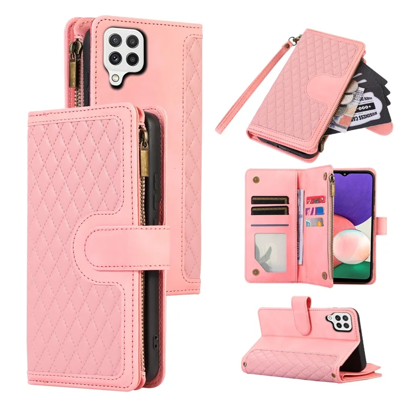 For Samsung Galaxy A12 Cell Phone Case 9 Card Slots Zipper Pocket Anti-scratch Leather Cover - Rose Gold
